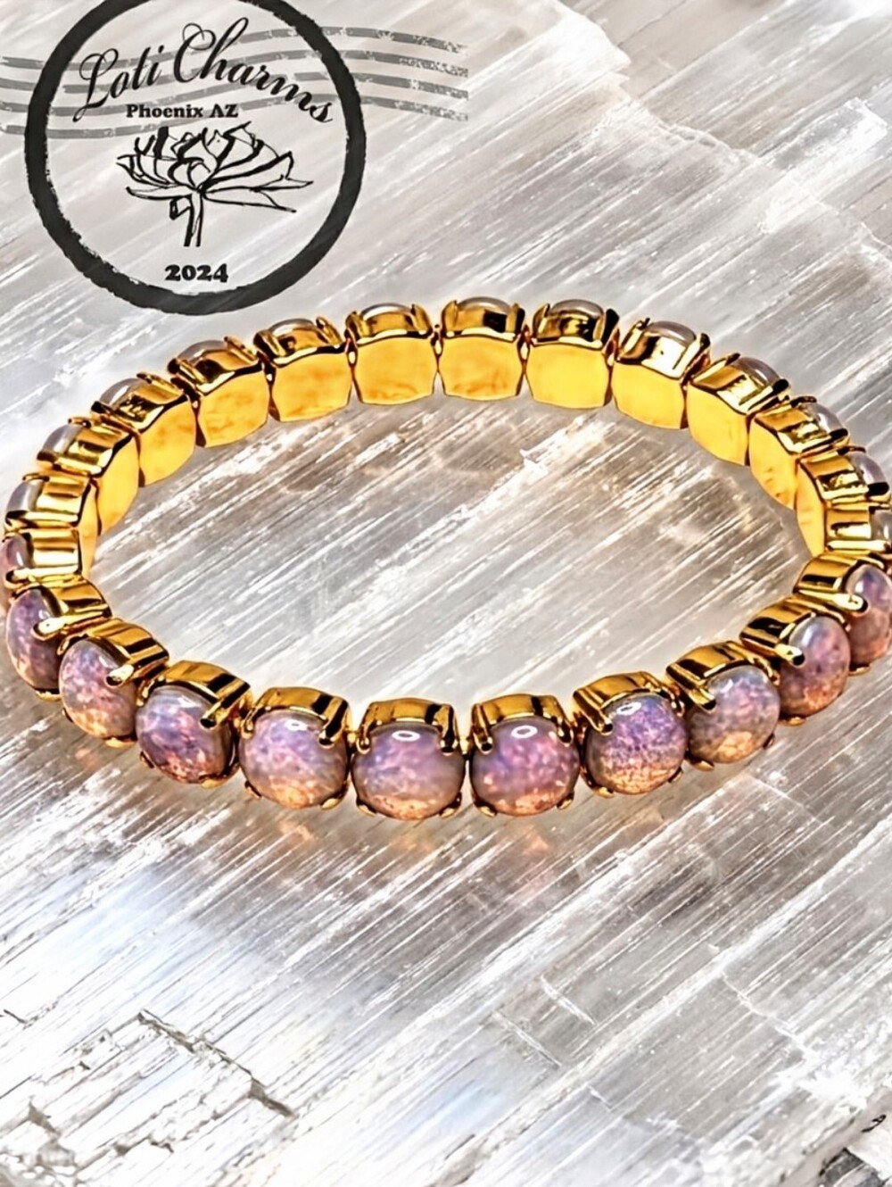 Pink Fire Opal Glass In Gold Plated Stretch Bracelet